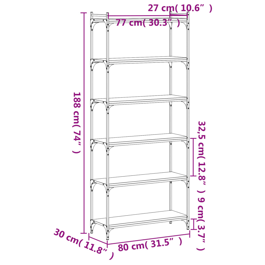 Boekenkast 6-Laags Bewerkt Hout 80 x 30 x 188 cm Zwart