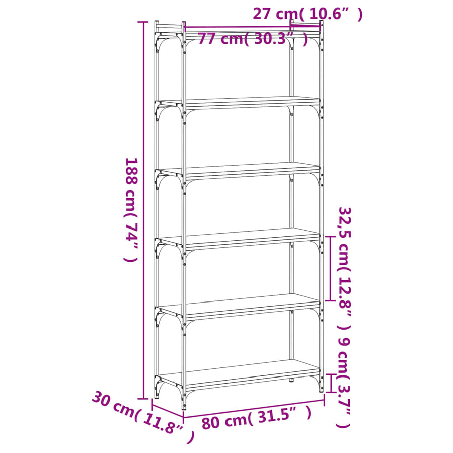 Boekenkast 6-Laags Bewerkt Hout 80 x 30 x 188 cm Zwart