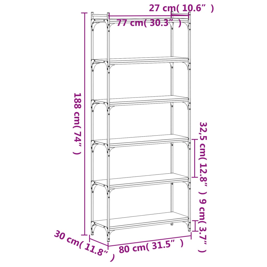 Boekenkast 6-Laags 80X30X Bewerkt Hout Sonoma Eiken 80 cm