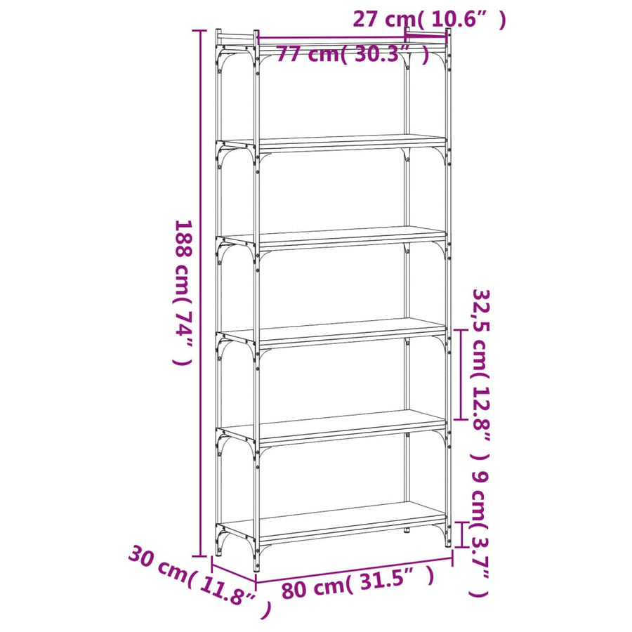 Boekenkast 6-Laags 80X30X Bewerkt Hout Sonoma Eiken 80 cm