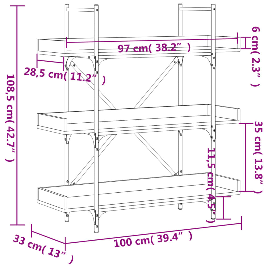 Boekenkast 3-Laags 100X33X108,5 Cm Bewerkt Hout Zwart