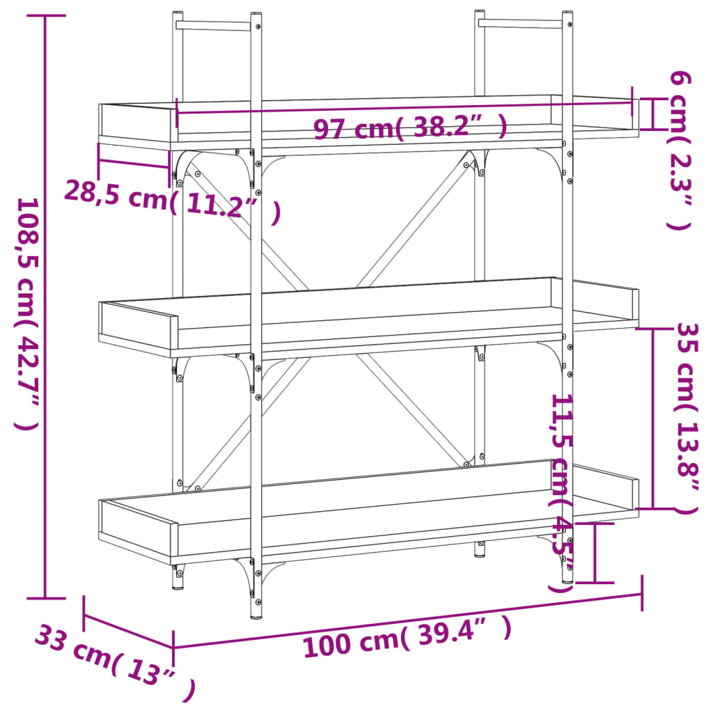Boekenkast 3-Laags 100X33X108,5 Cm Bewerkt Hout Grijs Sonoma