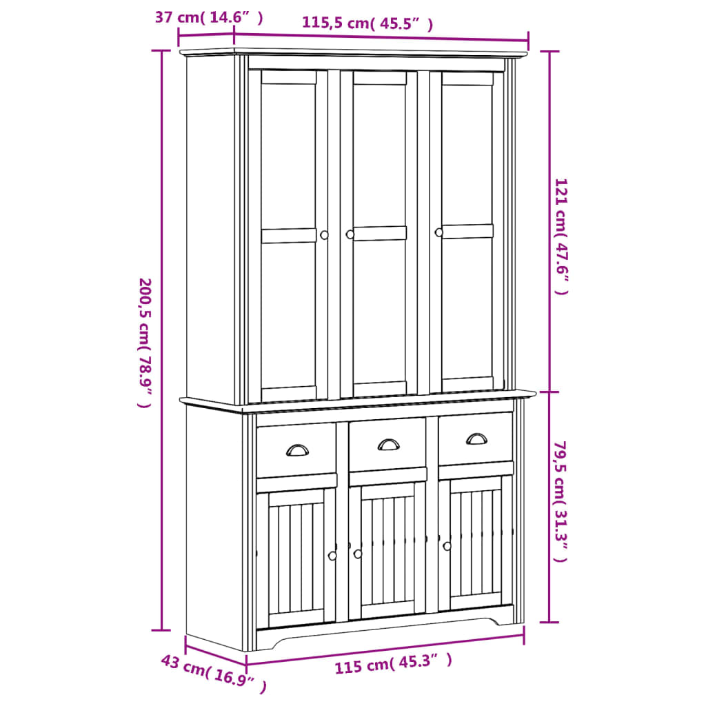 Hoge Kast Bodo 115,5X43X200,5 Cm Massief Grenenhout Wit