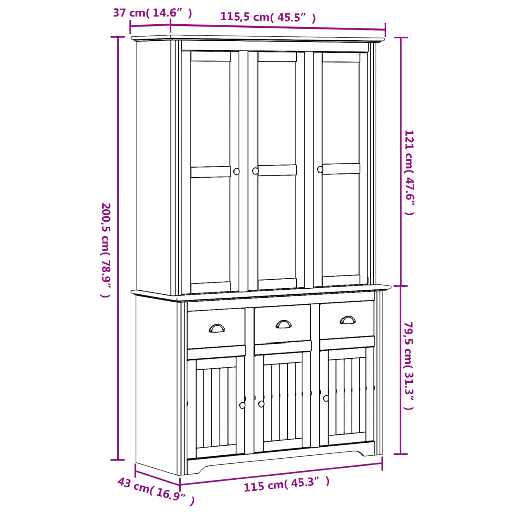 Hoge Kast Bodo 115,5X43X200,5 Cm Massief Grenenhout Grijs