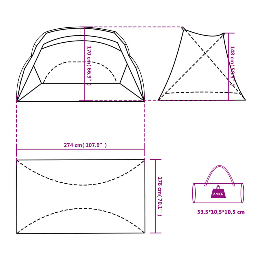 Strandtent 274X78X70/48 Cm 85T Taft Azuur Blauw