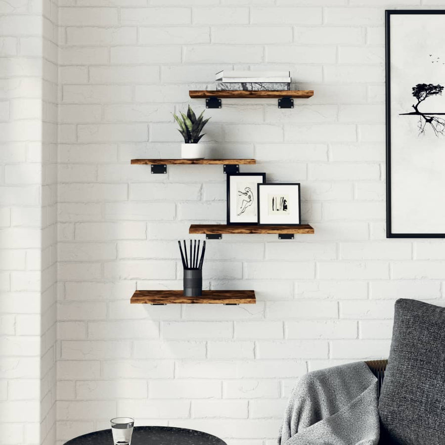 Wandschappen 4 st 40x20x1,5 cm bewerkt hout gerookt eikenkleur