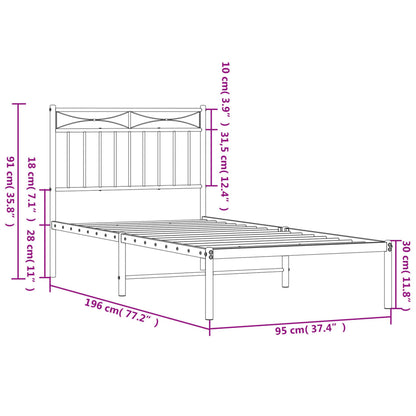 Bedframe Metaal 90x190 cm Zwart met hoofdbord