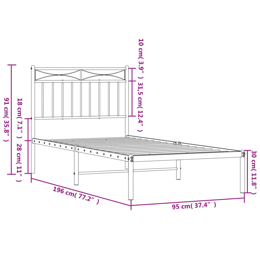 Bedframe Metaal 90x190 cm Zwart met hoofdbord