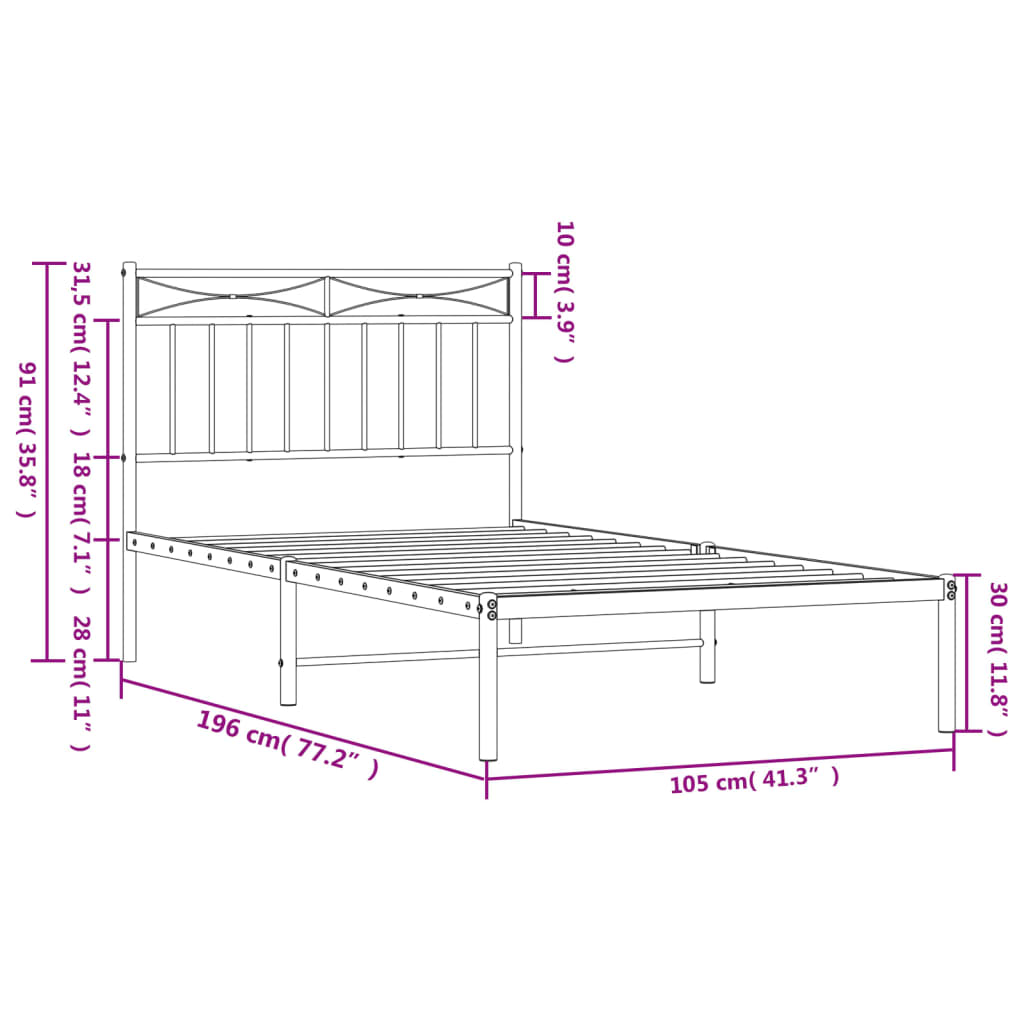 Bedframe Metaal 100x190 cm Zwart met hoofdbord