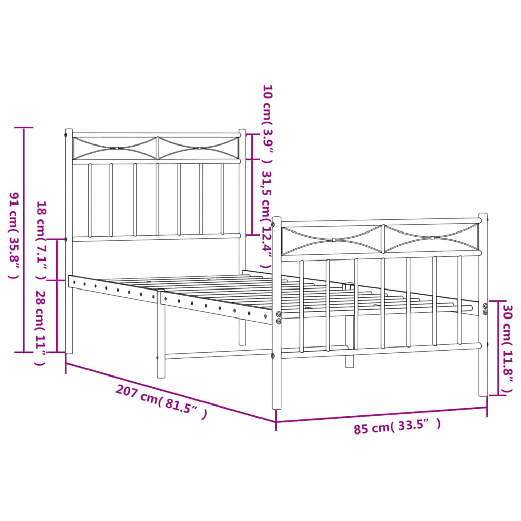 Bedframe Met Hoofd- En Voeteneinde Metaal 80x200 cm Zwart met hoofdbord & voetbord