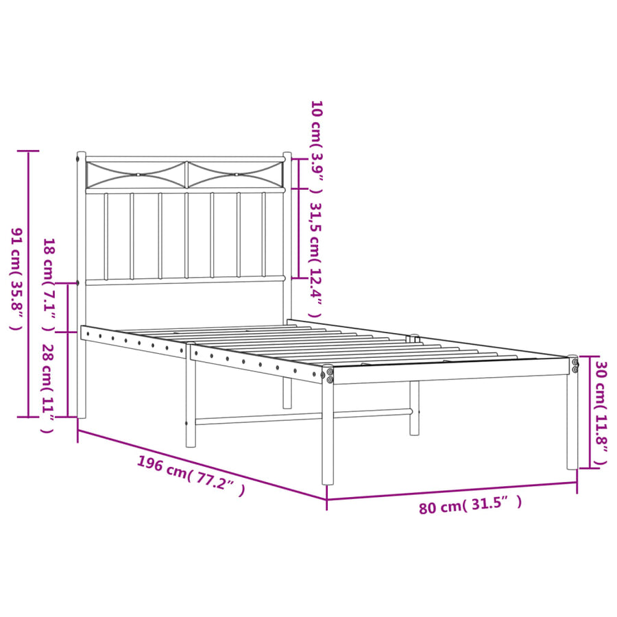Bedframe Metaal 75 X 190 Cm 75x190 cm Wit met hoofdbord