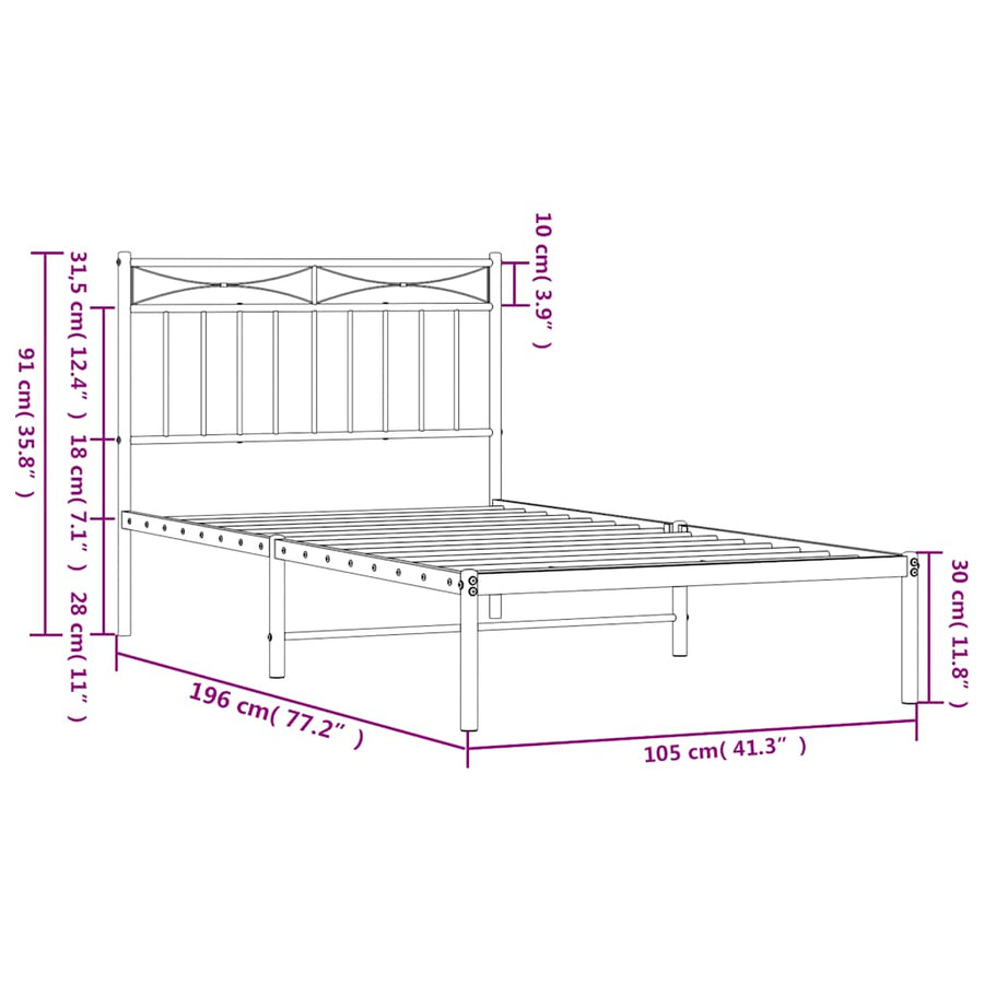 Bedframe met hoofdbord metaal wit 100x190 cm
