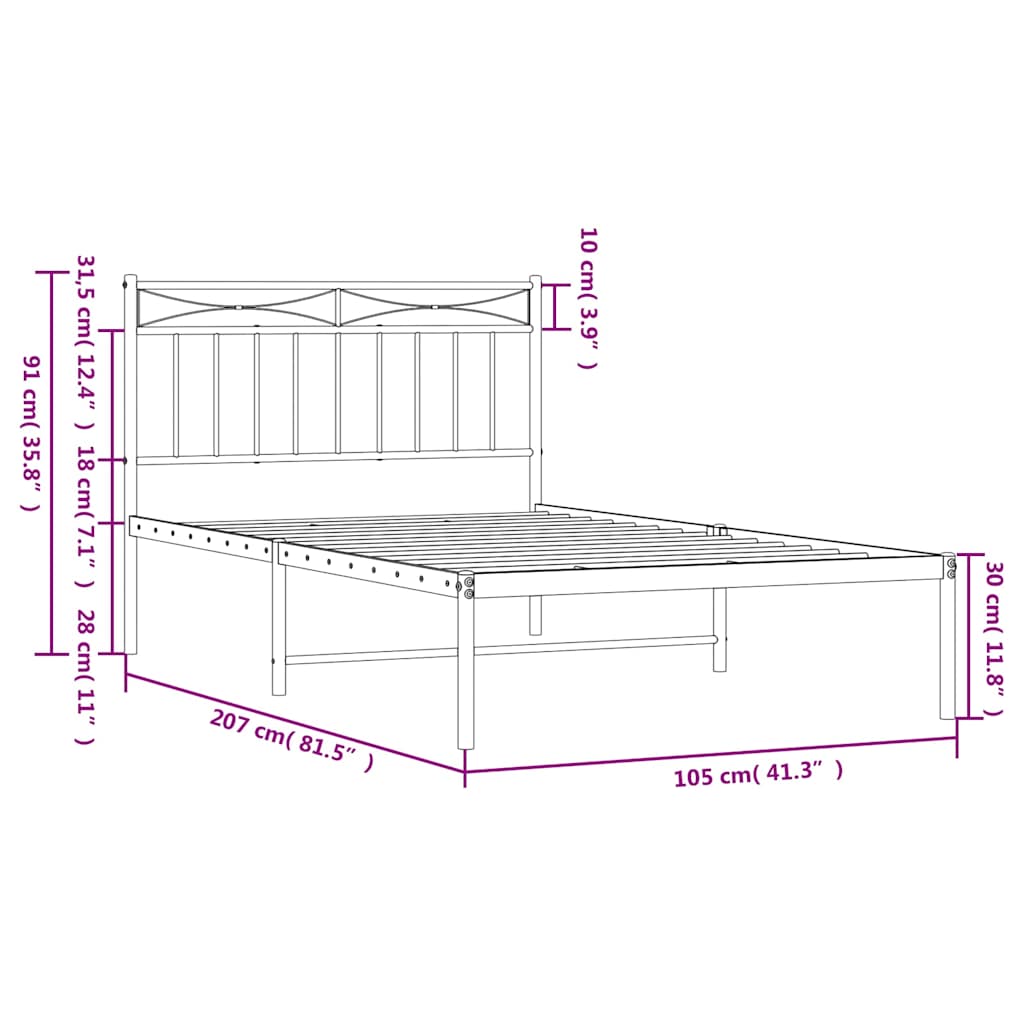 Bedframe met hoofdbord metaal wit 100x200 cm
