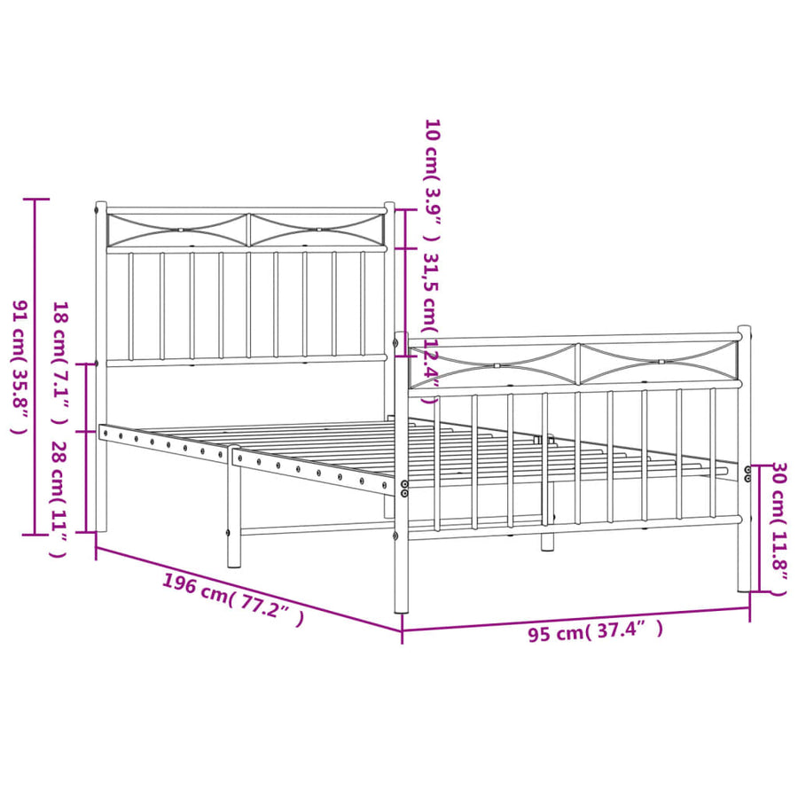 Bedframe met hoofd- en voeteneinde metaal wit 90x190 cm 90x190 cm Wit met hoofdbord & voetbord