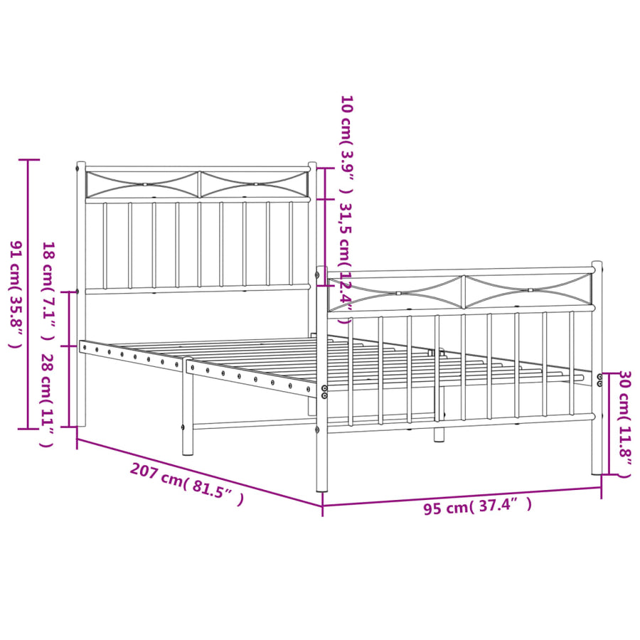 Bedframe Met Hoofd- En Voeteneinde Metaal 90x200 cm Wit met hoofdbord & voetbord