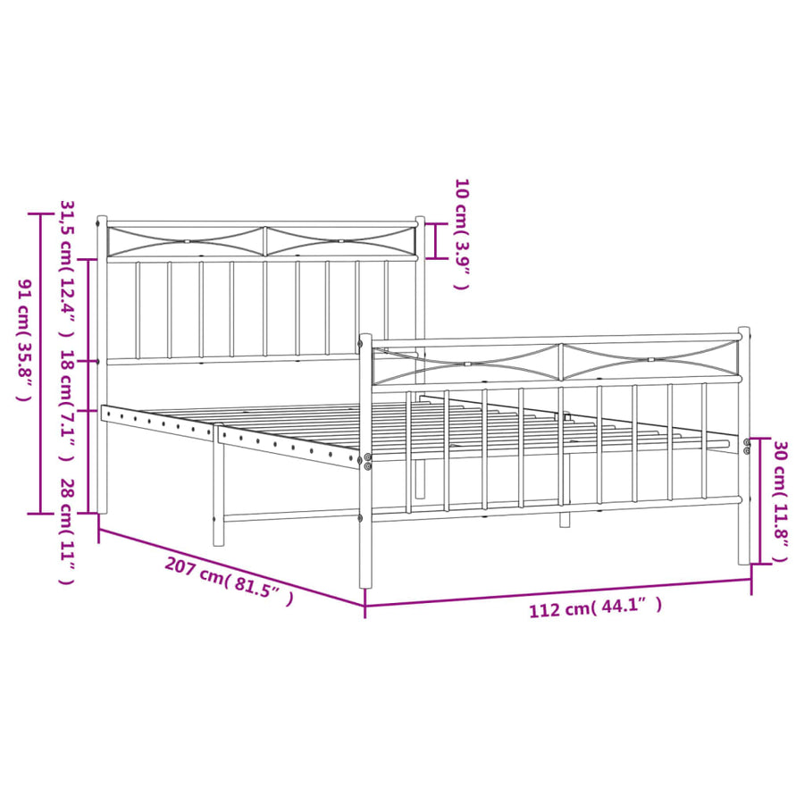 Bedframe Met Hoofd- En Voeteneinde Metaal 107x203 cm Wit met hoofdbord & voetbord