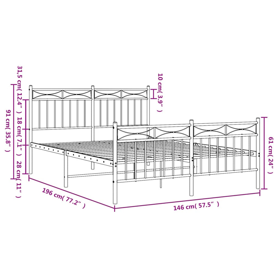 Bedframe Met Hoofd- En Voeteneinde Metaal 140x190 cm Wit met hoofdbord & voetbord