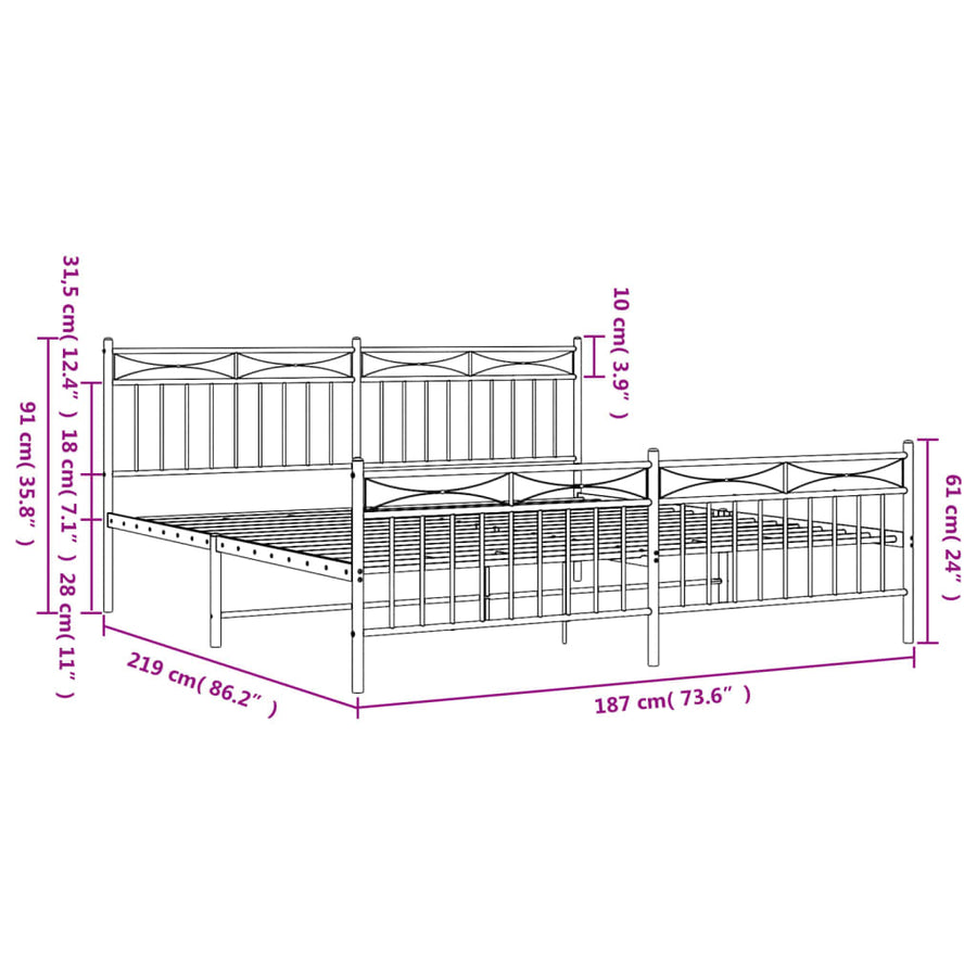 Bedframe Met Hoofd- En Voeteneinde Metaal 183x213 cm Wit met hoofdbord & voetbord