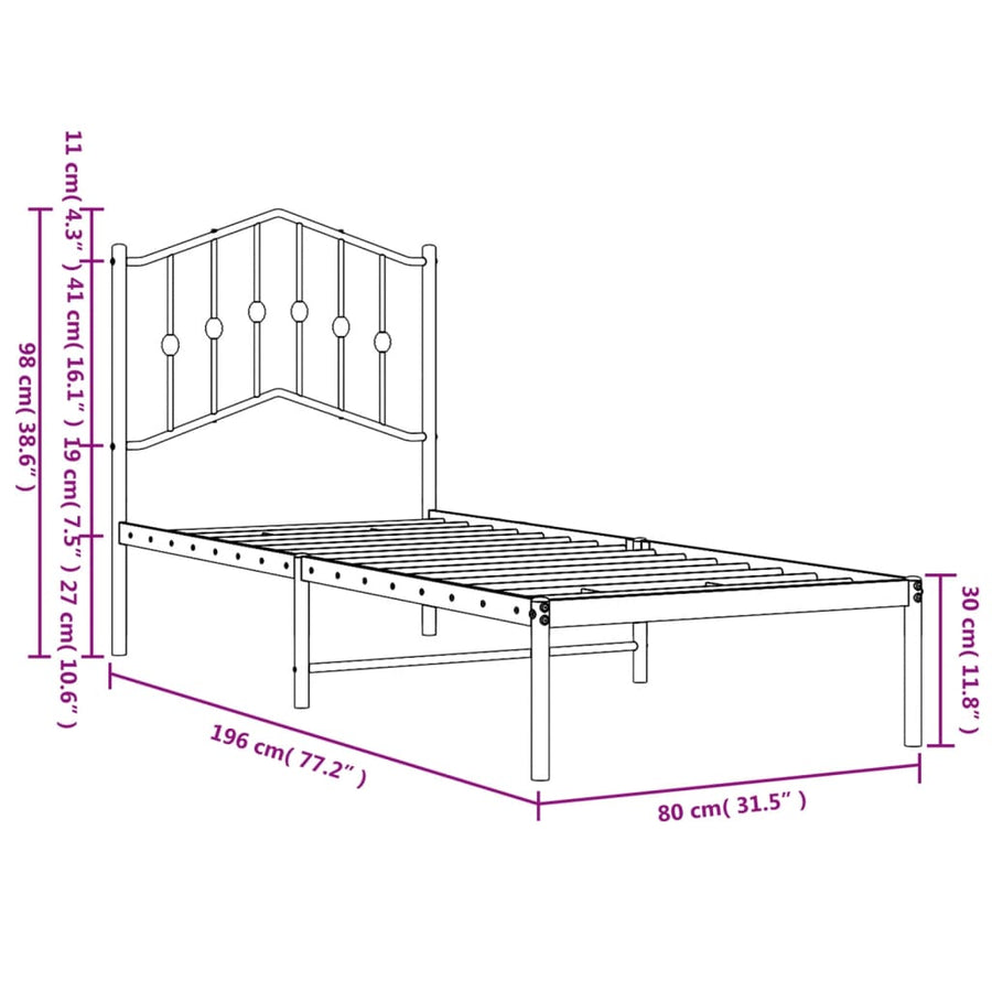 Bedframe Metaal 75 X 190 Cm Wit met hoofdbord