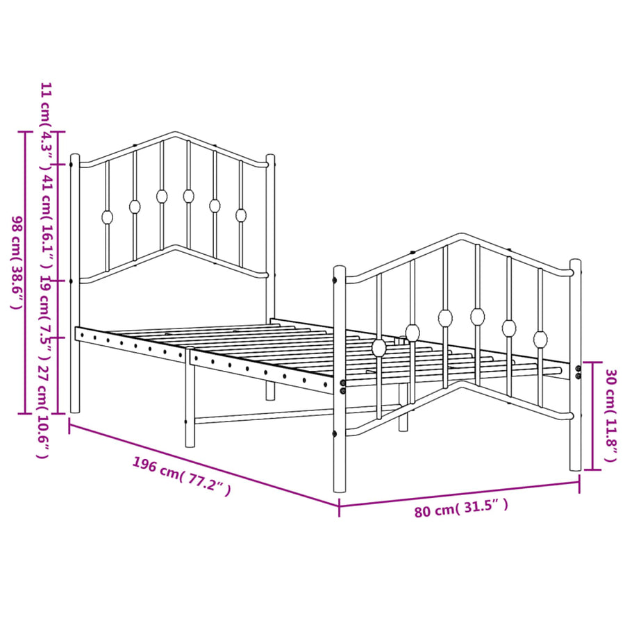 Bedframe Met Hoofd- En Voeteneinde Metaal 75 x 190 cm Wit met hoofdbord & voetbord
