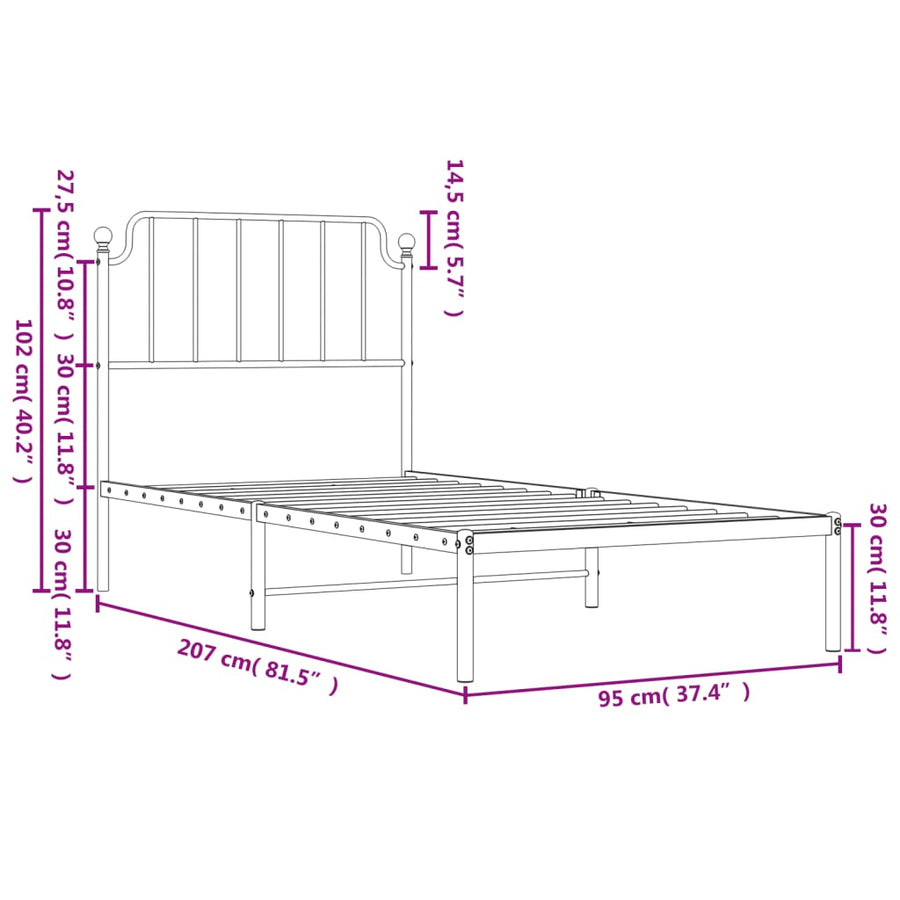 Bedframe Metaal 90 x 200 cm Zwart met hoofdbord