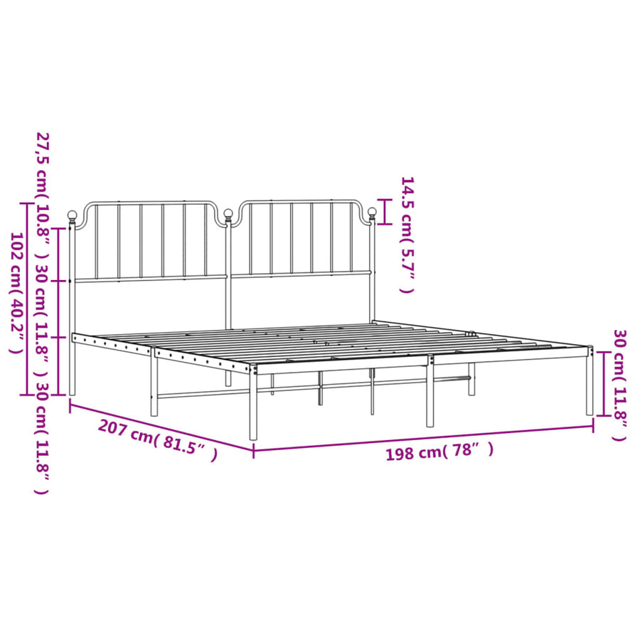 Bedframe Metaal 193 x 203 cm Zwart met hoofdbord