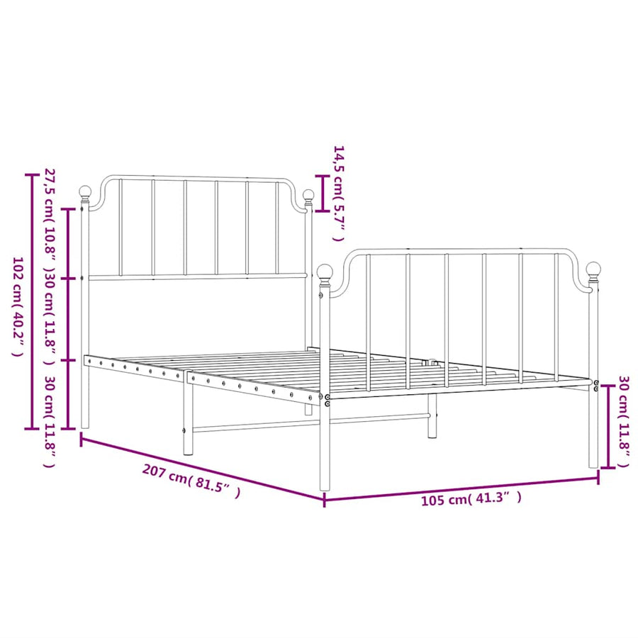 Bedframe met hoofd- en voeteneinde metaal zwart 100x200 cm