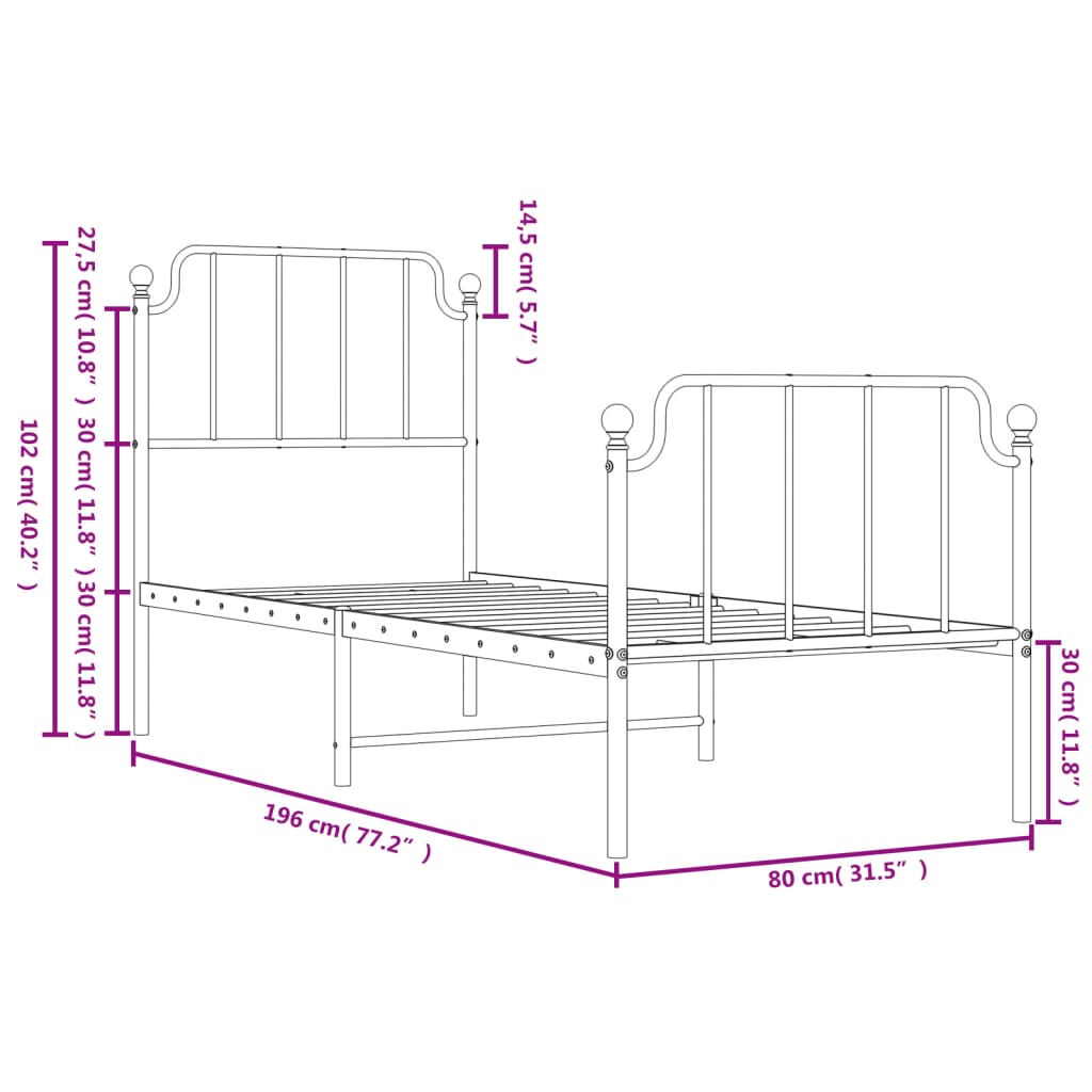 Bedframe Met Hoofd- En Voeteneinde Metaal 75 x 190 cm Wit met hoofdbord & voetbord