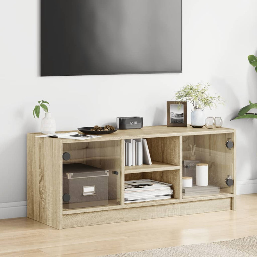 Tv-Meubel Met Glazen Deuren 02X37X42 Cm Kleurig Sonoma eiken