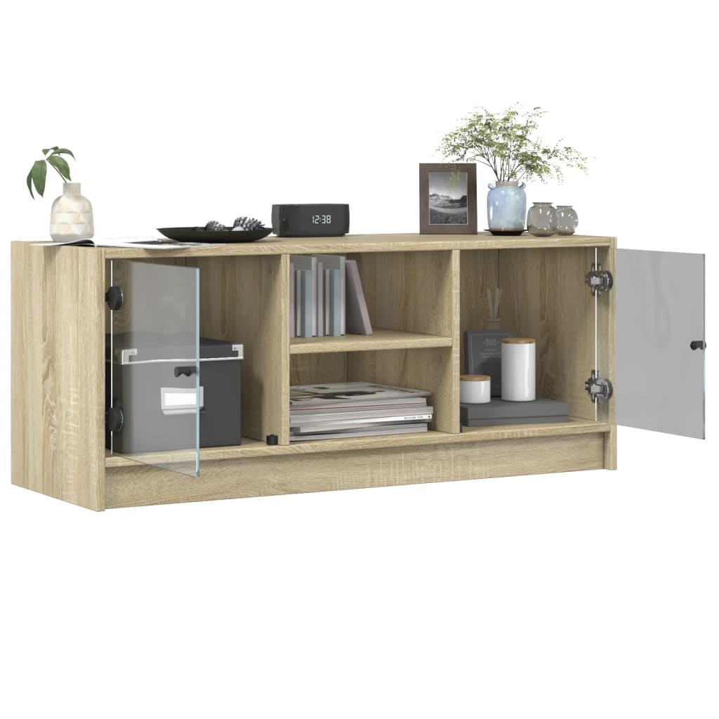 Tv-Meubel Met Glazen Deuren 02X37X42 Cm Kleurig Sonoma eiken