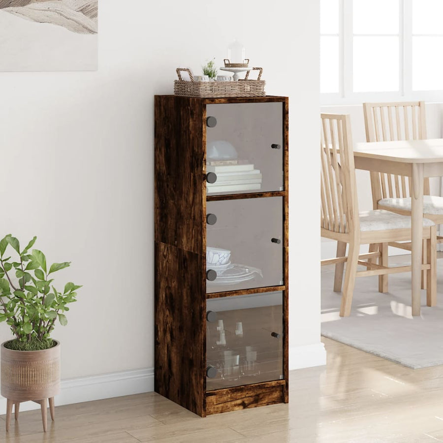 Hoge kast met glazen deuren 35x37x109 cm gerookt eikenkleurig