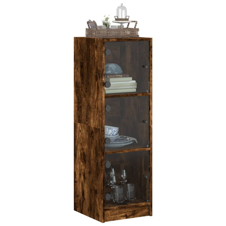 Hoge kast met glazen deuren 35x37x109 cm gerookt eikenkleurig