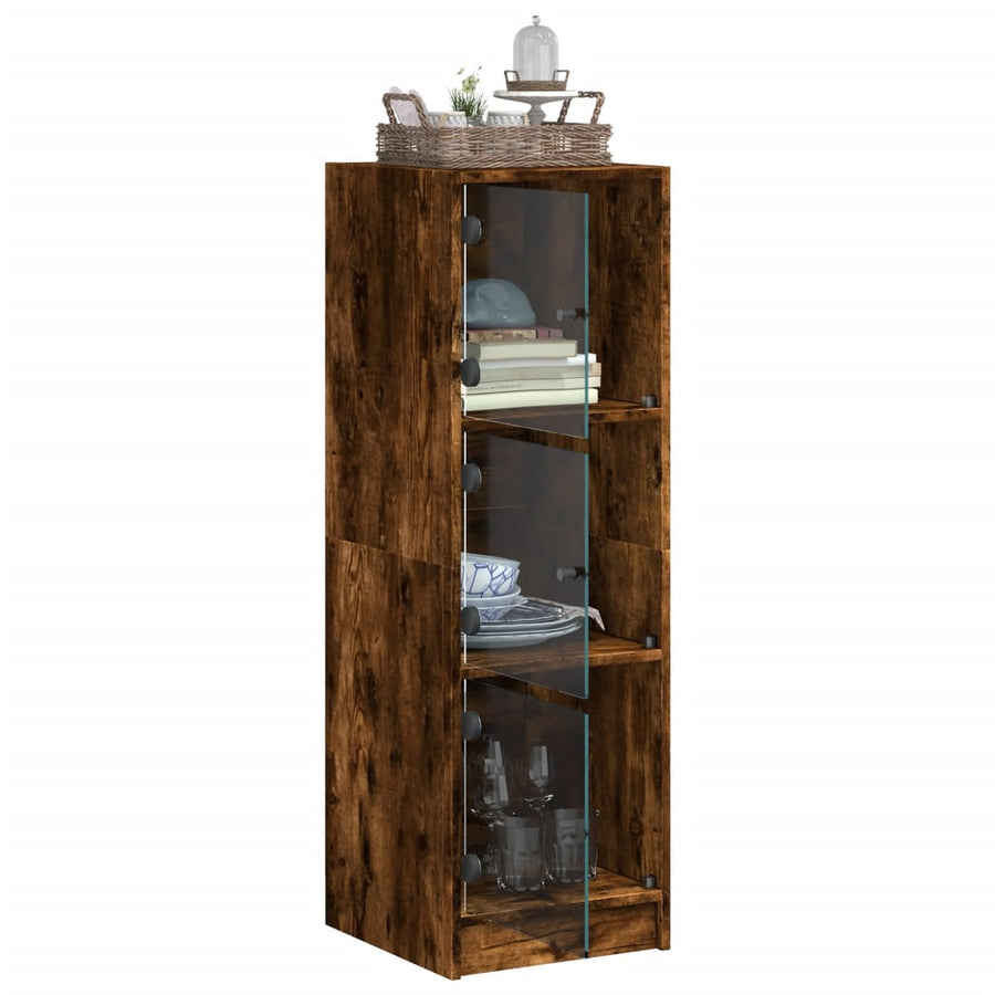 Hoge kast met glazen deuren 35x37x109 cm gerookt eikenkleurig