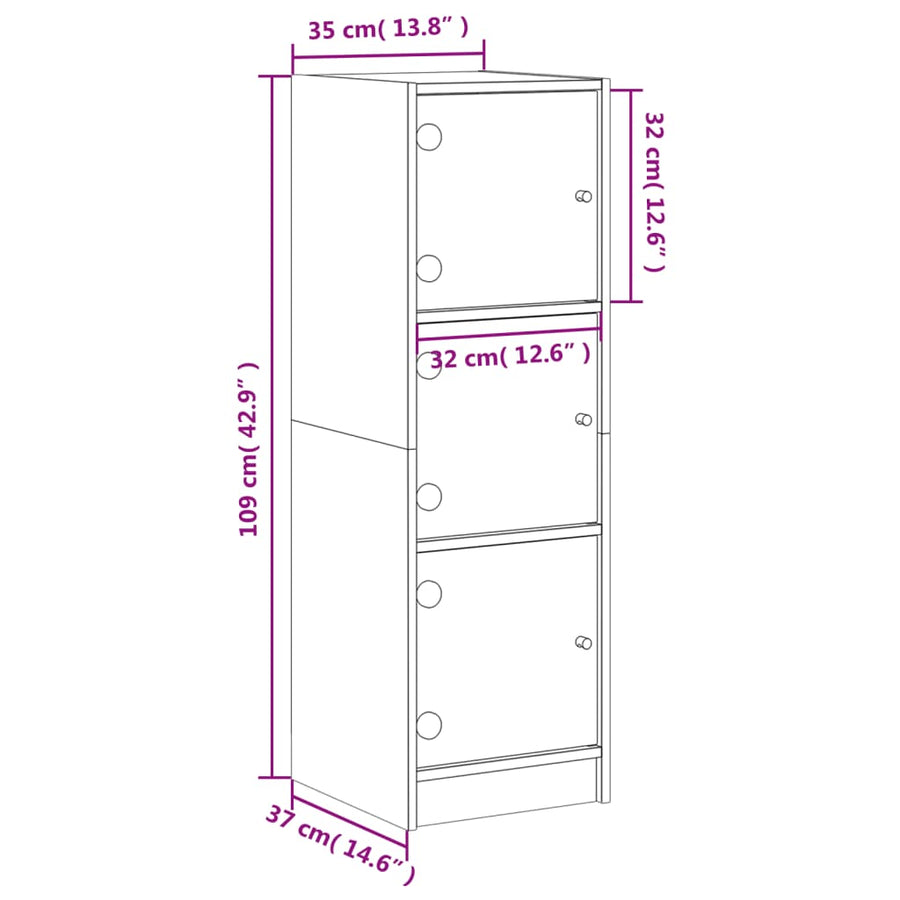 Hoge kast met glazen deuren 35x37x109 cm gerookt eikenkleurig