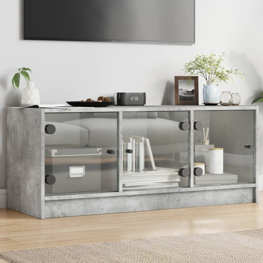 Tv-Meubel Met Glazen Deuren 102X37X42 Cm Betongrijs