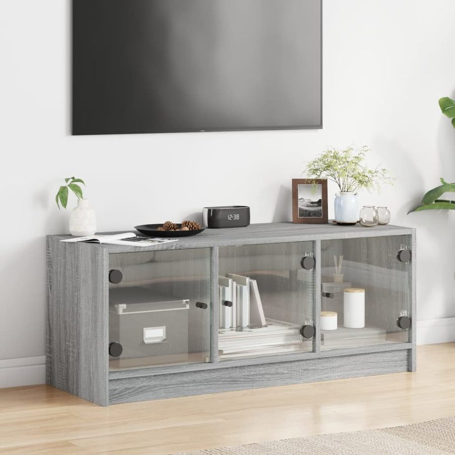 Tv-Meubel Met Glazen Deuren 102X37X42 Cm Grijs Sonoma Eiken