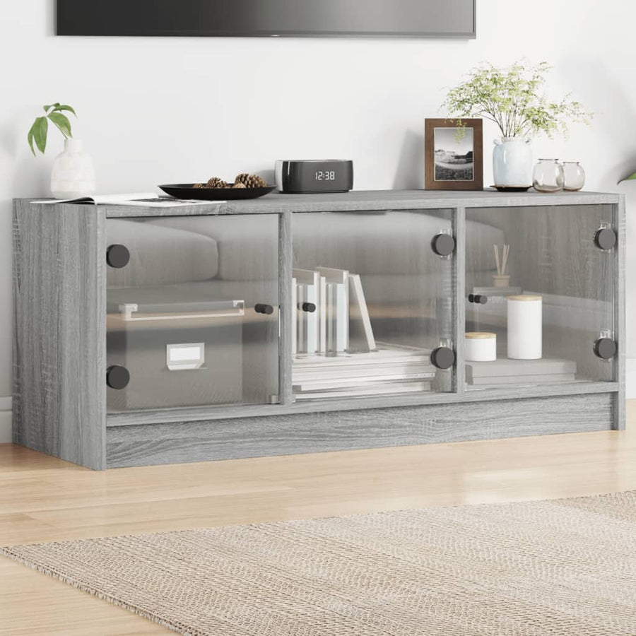 Tv-Meubel Met Glazen Deuren 102X37X42 Cm Grijs Sonoma Eiken
