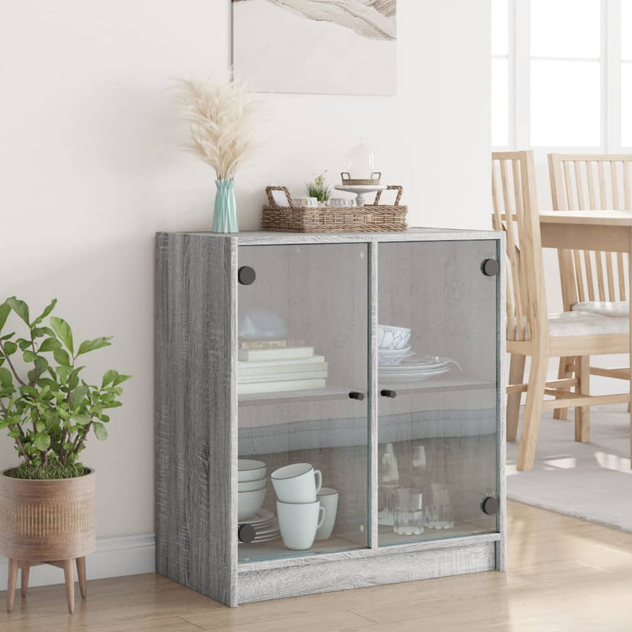 Bijzetkast Met Glazen Deuren 68X37X75,5 Cm Eiken Grijs sonoma