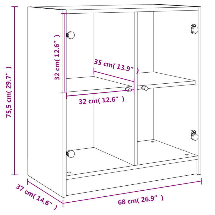 Bijzetkast Met Glazen Deuren 68X37X75,5 Cm Eiken Grijs sonoma