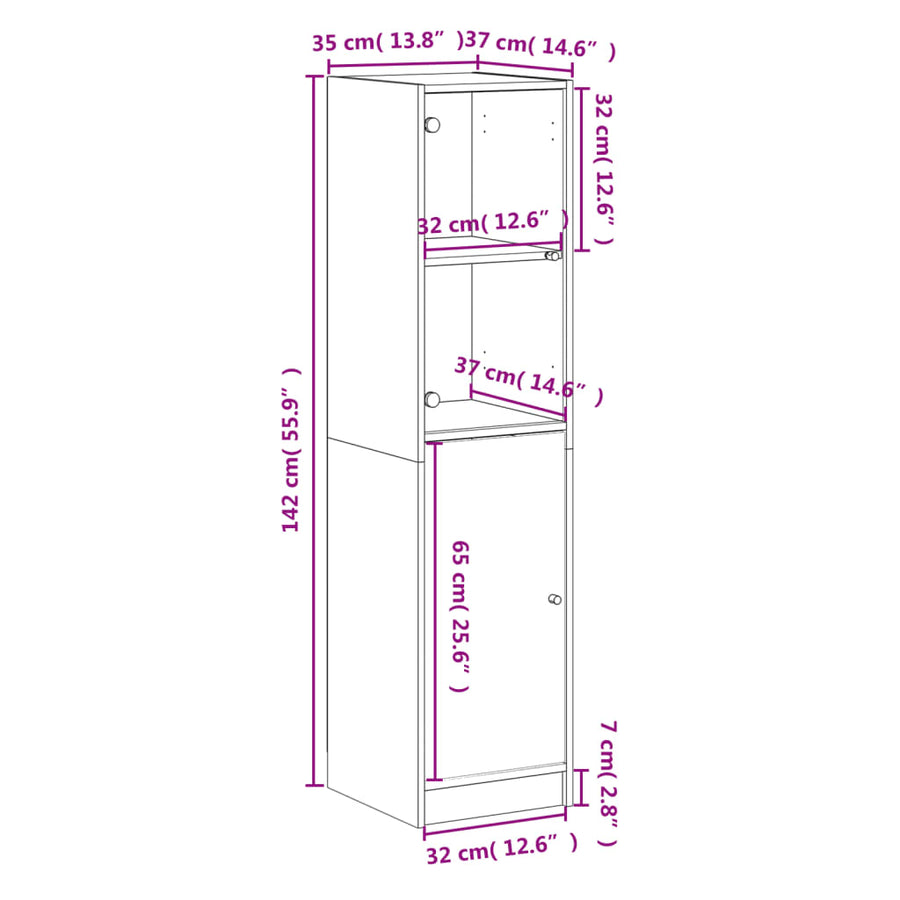 Hoge Kast Met Glazen Deur 35X37X142 Cm Kleurig Sonoma eiken