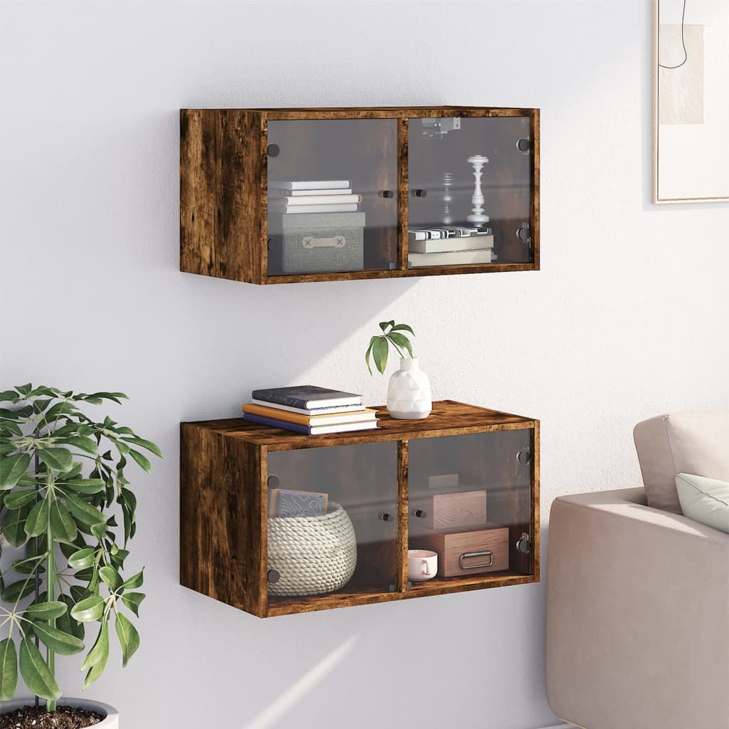 Wandkasten Met Glazen Deuren 68,5X37X35 Cm 2 Gerookt eiken