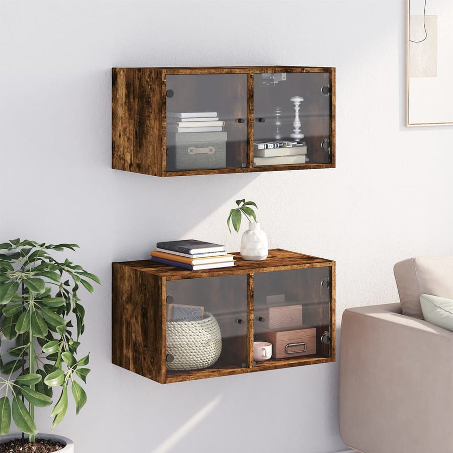 Wandkasten Met Glazen Deuren 68,5X37X35 Cm 2 Gerookt eiken