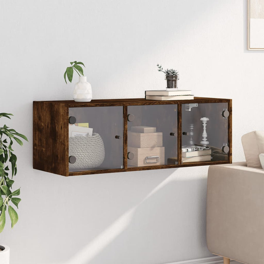 Wandkast met glazen deuren 102x37x35 cm gerookt eikenkleurig