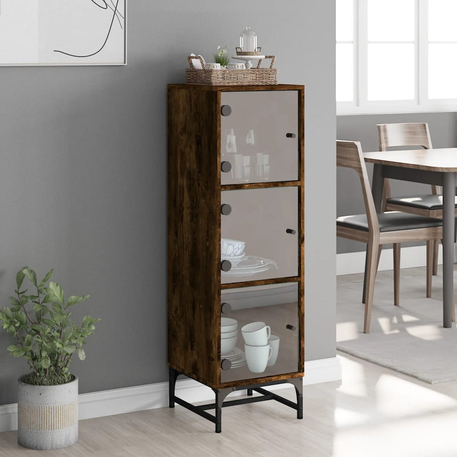 Hoge kast met glazen deuren 35x37x120 cm gerookt eikenkleurig