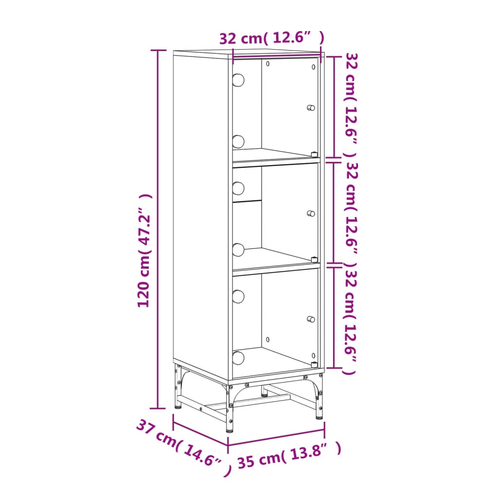 Hoge kast met glazen deuren 35x37x120 cm gerookt eikenkleurig