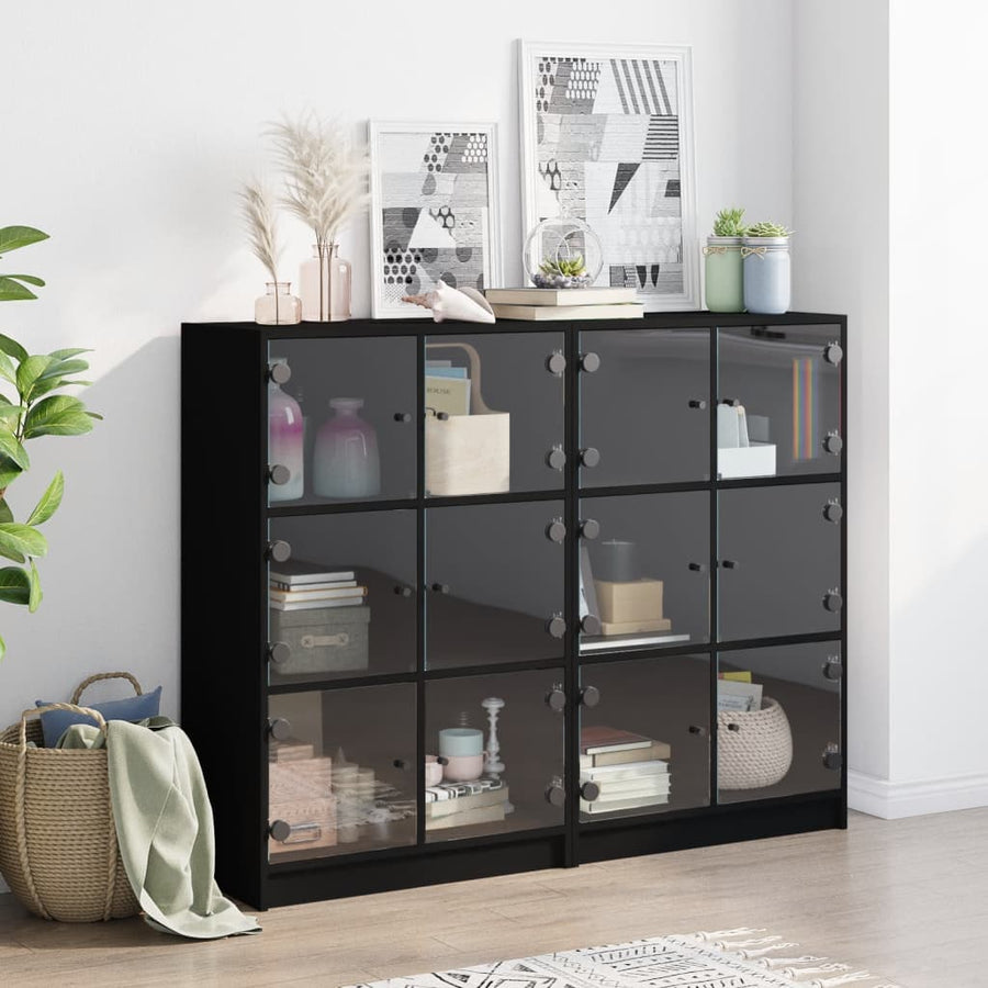 Boekenkast Met Deuren 36X37X09 Cm Bewerkt Hout Zwart
