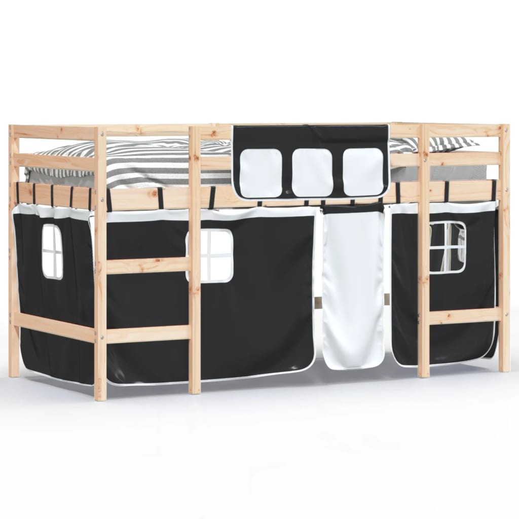 Kinderhoogslaper Met Gordijnen 80X200 Cm Massief Grenenhout 80 x 200cm Naturel en zwart