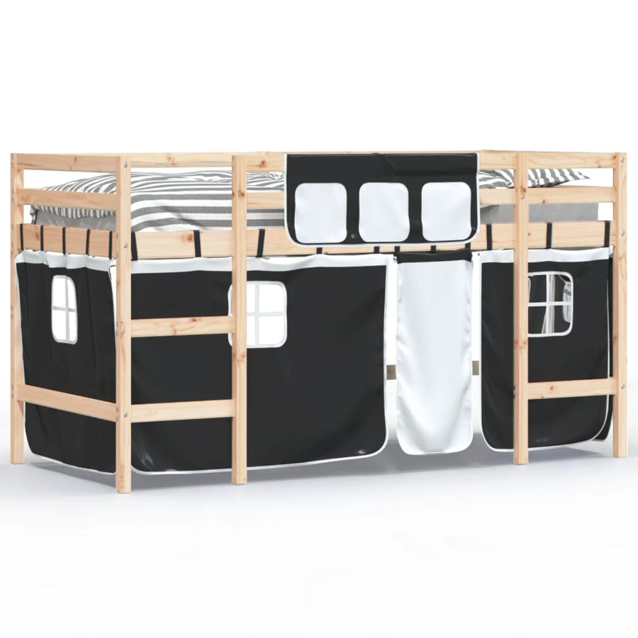 Kinderhoogslaper Met Gordijnen 80X200 Cm Massief Grenenhout 80 x 200cm Naturel en zwart