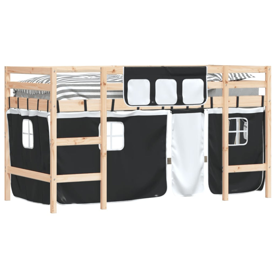 Kinderhoogslaper Met Gordijnen 80X200 Cm Massief Grenenhout 80 x 200cm Naturel en zwart
