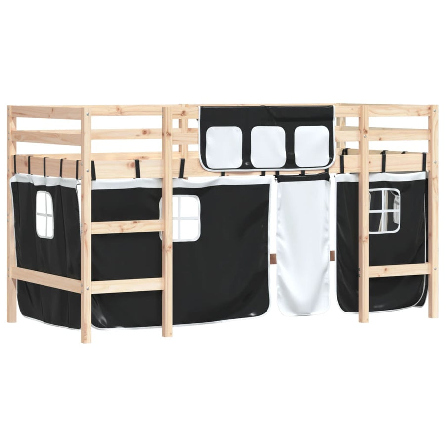 Kinderhoogslaper Met Gordijnen 80X200 Cm Massief Grenenhout 80 x 200cm Naturel en zwart